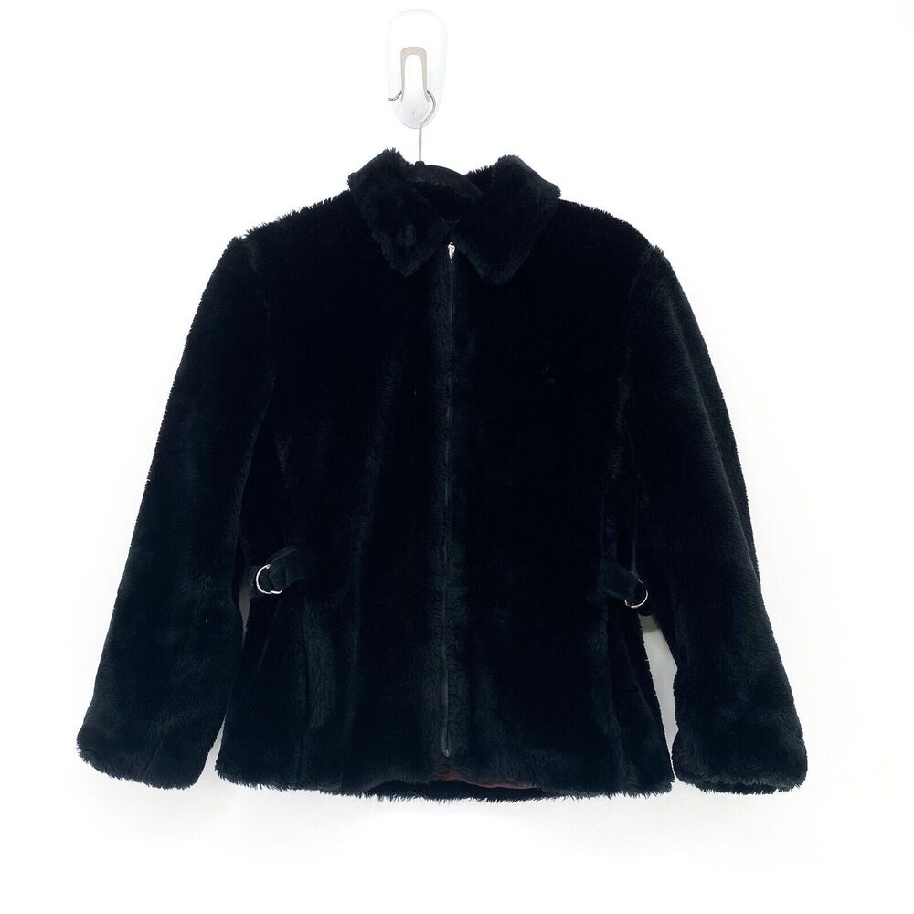 DONNYBROOK Women S Black Jacket Faux Fur Mob Wife Long Sleeve Collared Zip VTG
